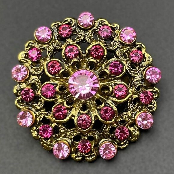 Yellow Gold with Light and Dark Pink Sapphire Crystal Flower Pin Back Brooch - Picture 1 of 7